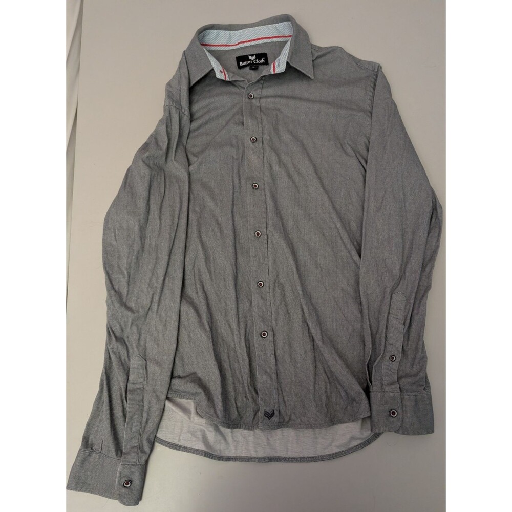 Buttercloth Shirt Mens L Large Gray Contrast Collar Red Piping Button Up Cotton